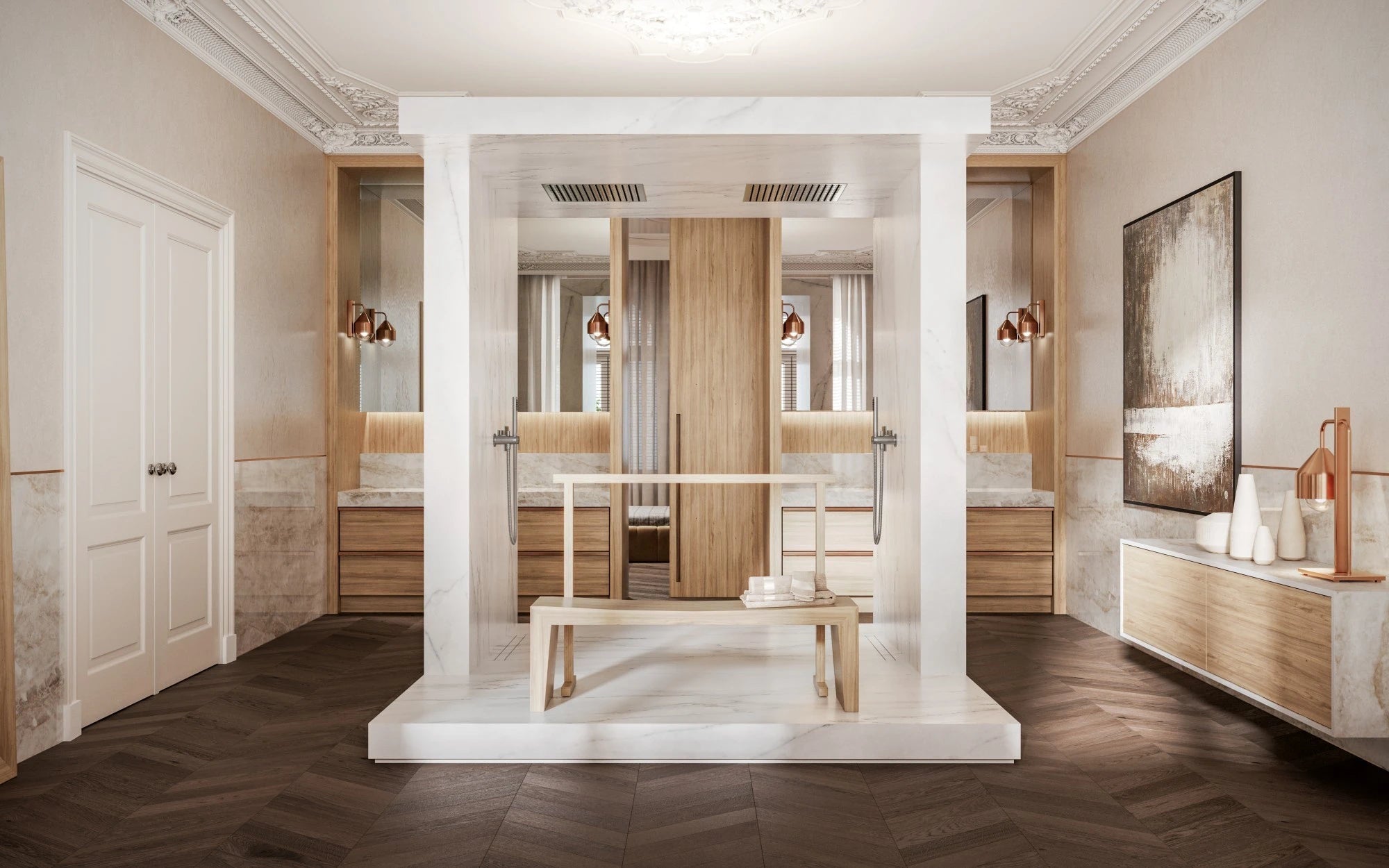 Dekton Rem bathroom vanity countertops with warm wood grain finish and integrated sinks — dekton countertops installed by Signature Stone Las Vegas