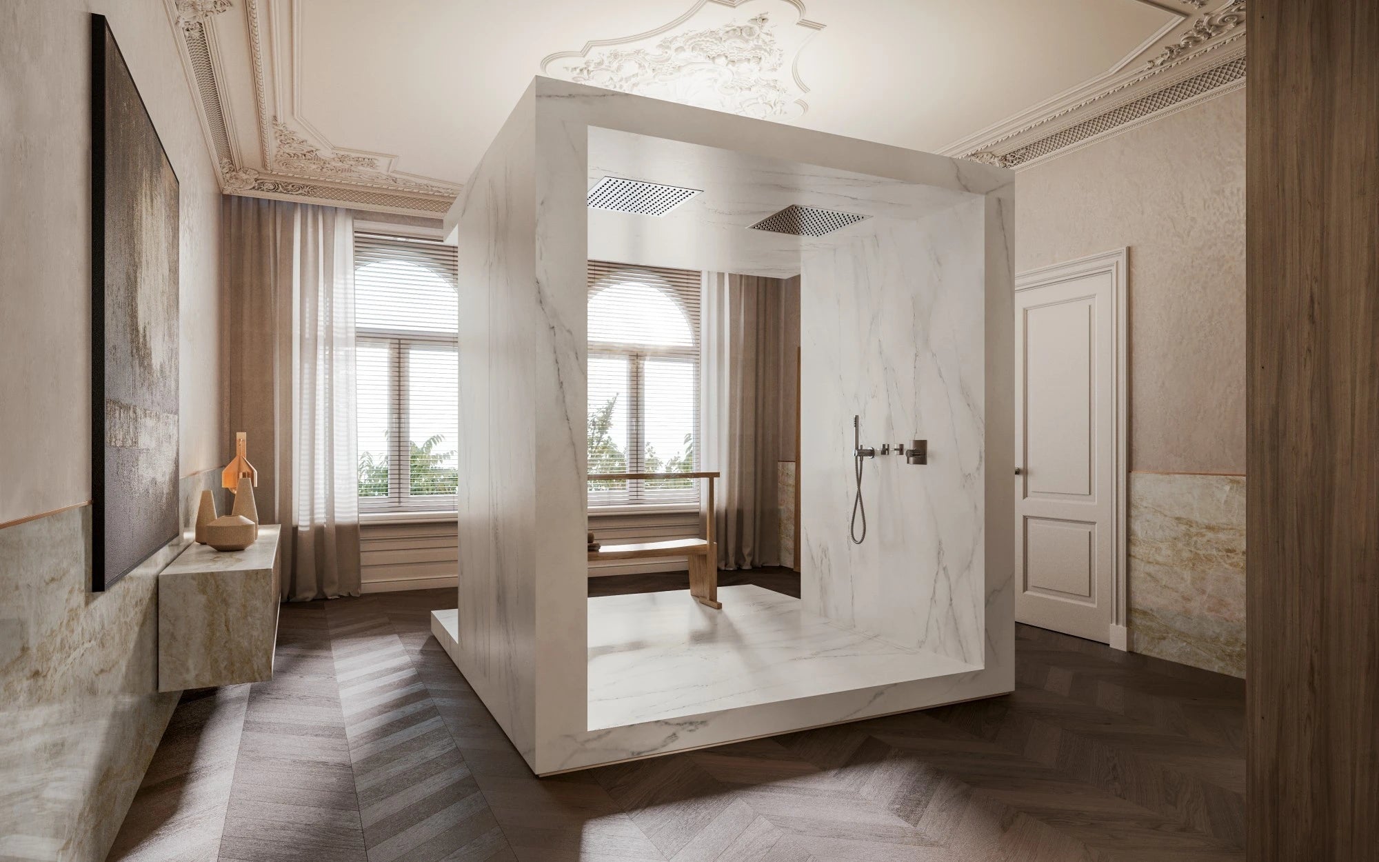 Dekton Rem shower walls with white marble veining and matte finish — premium dekton surfaces fabricated and installed by Signature Stone LV