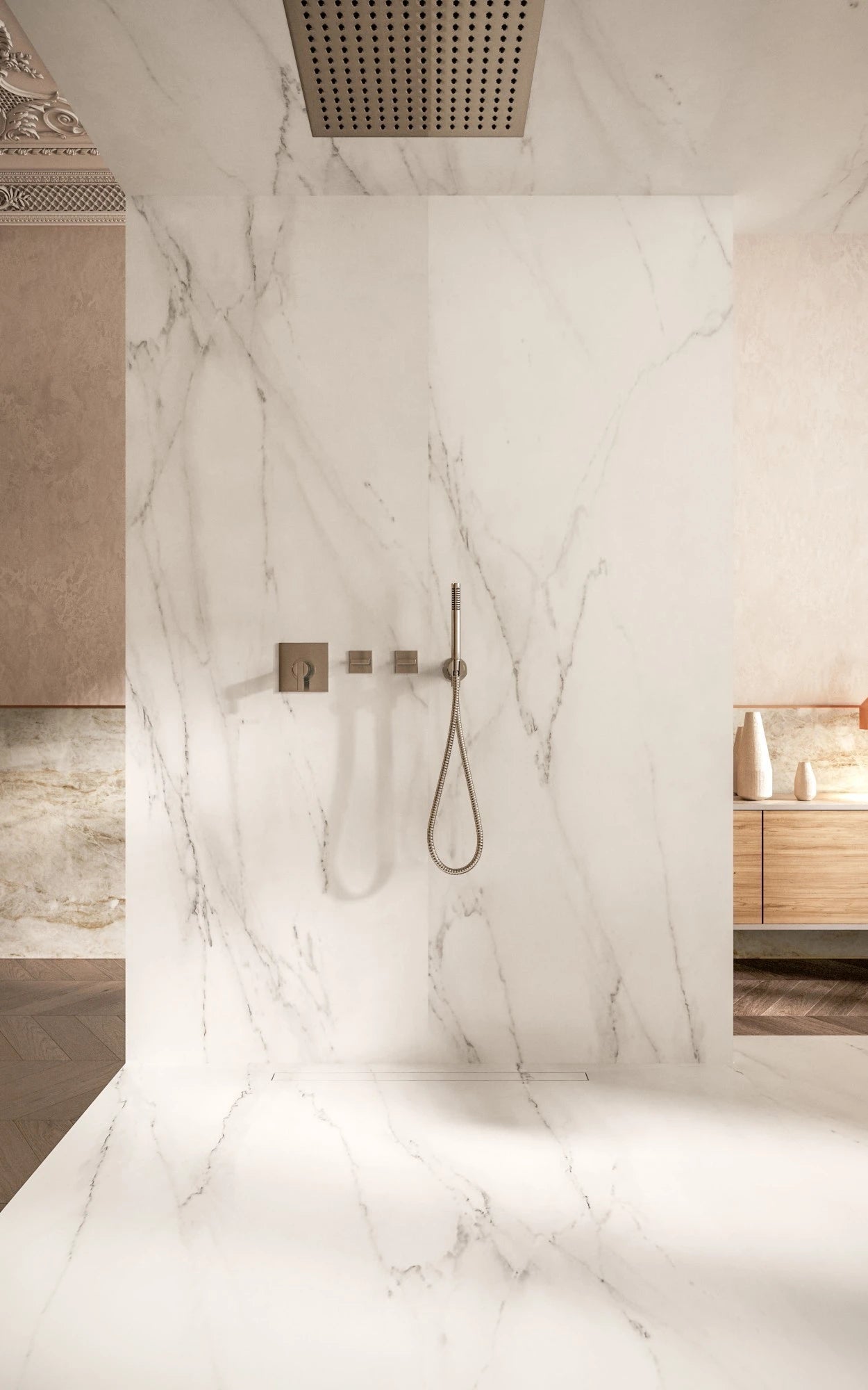 Dekton Rem shower walls with white marble veining and bronze fixtures — premium dekton countertops installed by Signature Stone Las Vegas