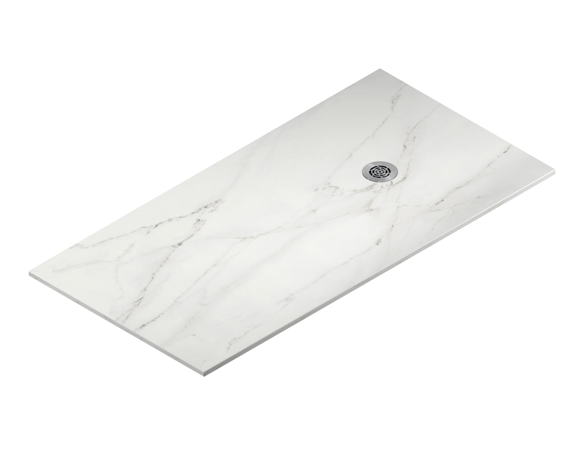Dekton Rem shower base with white marble-look finish and central drain — premium dekton kitchen countertops by Signature Stone Las Vegas