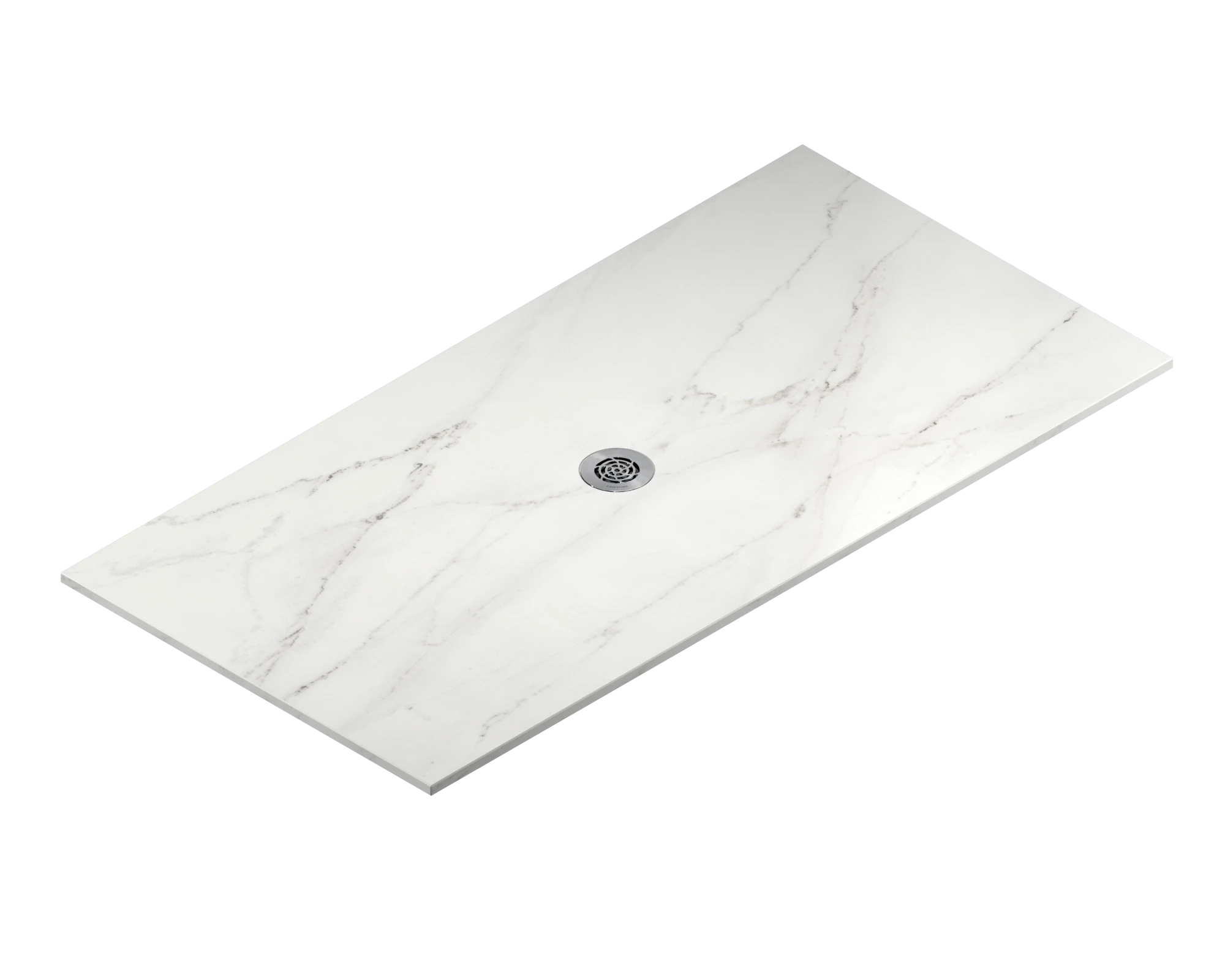 Dekton Rem shower pan with white marble veining and center drain — premium dekton surfaces fabricated and installed by Signature Stone LV