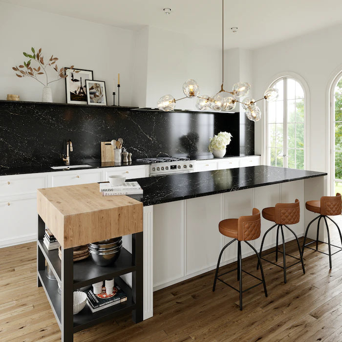 Silestone Romantic Ash kitchen island with dramatic black veining and polished finish — engineered quartz countertops fabricated and installed by Signature S...