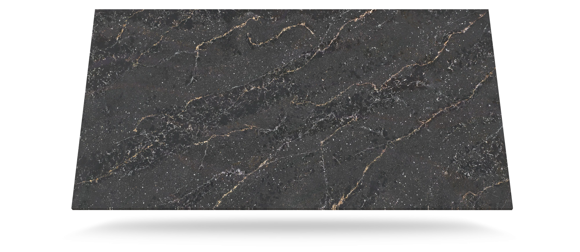 Silestone Romantic Ash quartz slab with dark charcoal base and golden veining in polished finish — quartz countertops near me by Signature Stone Las Vegas