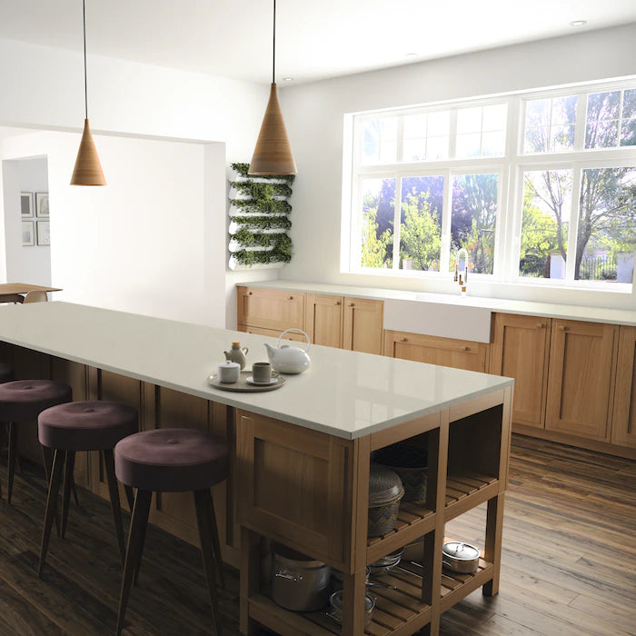Silestone Royal Reef kitchen island with light gray finish and clean edges — engineered quartz countertops fabricated and installed by Signature Stone LV