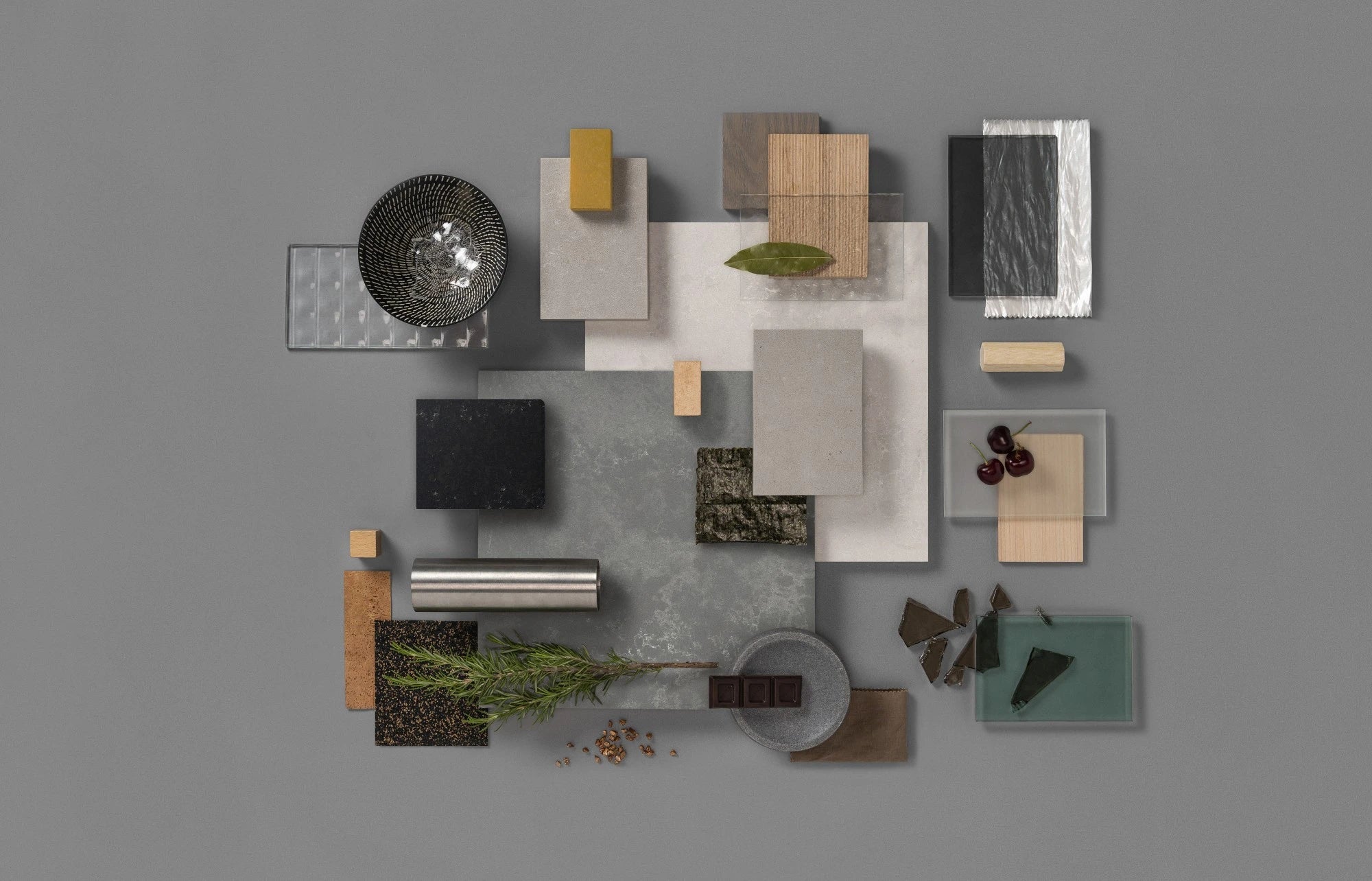 Silestone Seaport quartz material samples with gray and white tones in modern flat-lay arrangement — quartz countertops installed by Signature Stone Las Vegas