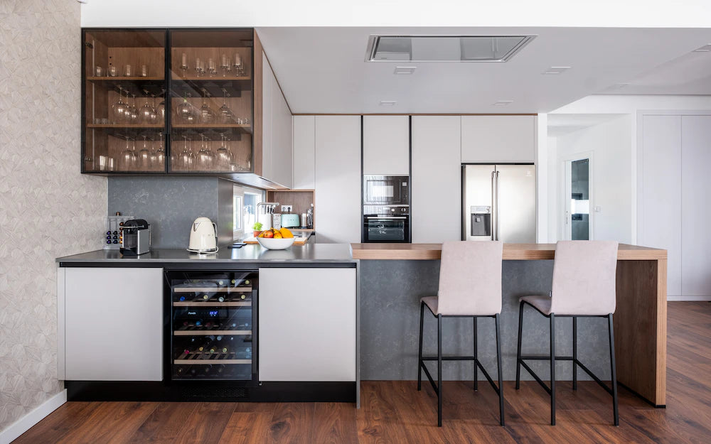 Silestone Seaport kitchen countertops with dark gray finish and clean edges — premium quartz countertops installed by Signature Stone Las Vegas