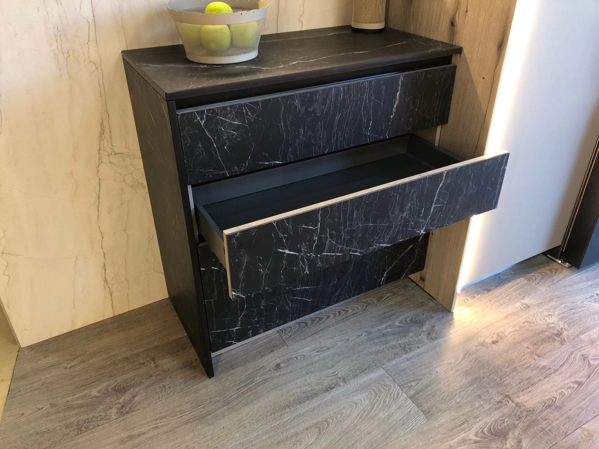 Dekton Somnia black marble-look drawers with white veining and sleek design — premium dekton kitchen countertops by Signature Stone Las Vegas