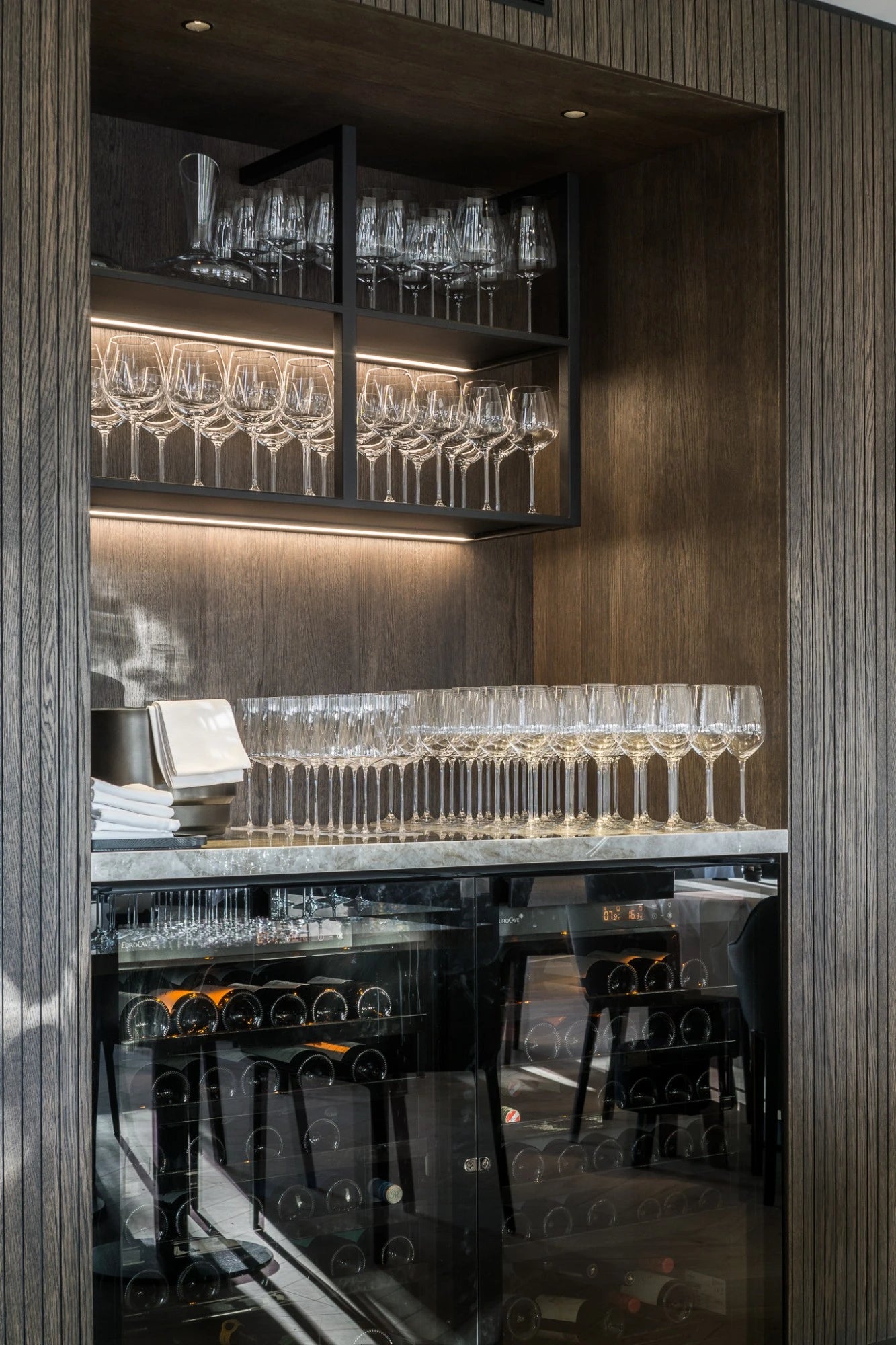 Dekton Taga surface in modern bar area with gray finish and sleek edge — premium dekton kitchen countertops by Signature Stone Las Vegas