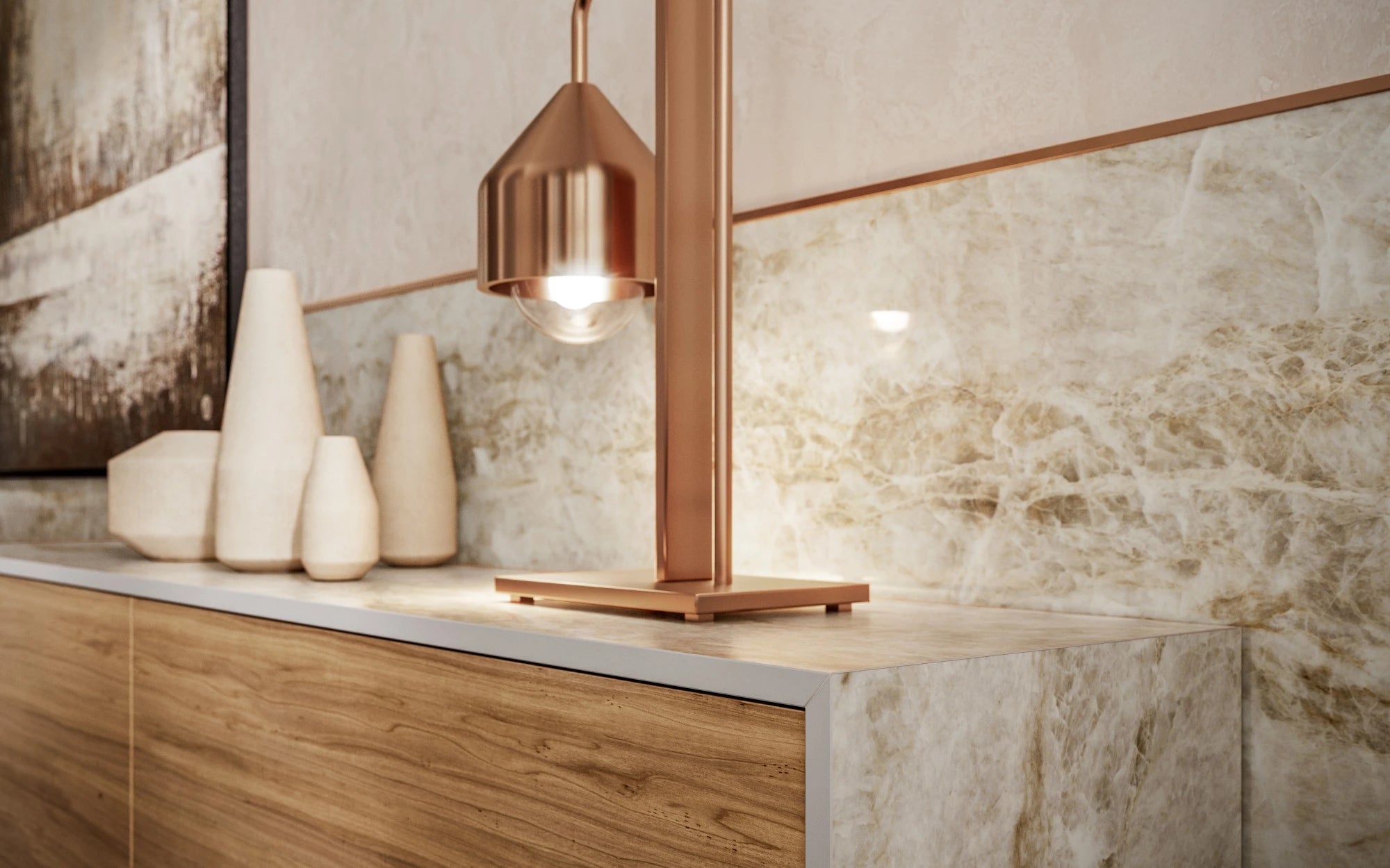 Dekton Taga countertop with warm beige veining and wood cabinetry — premium dekton surfaces fabricated and installed by Signature Stone LV