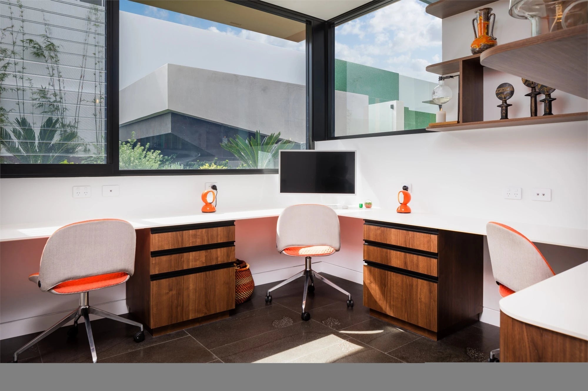 Dekton Uyuni office desk surfaces with white finish and integrated storage — dekton countertops installed by Signature Stone Las Vegas