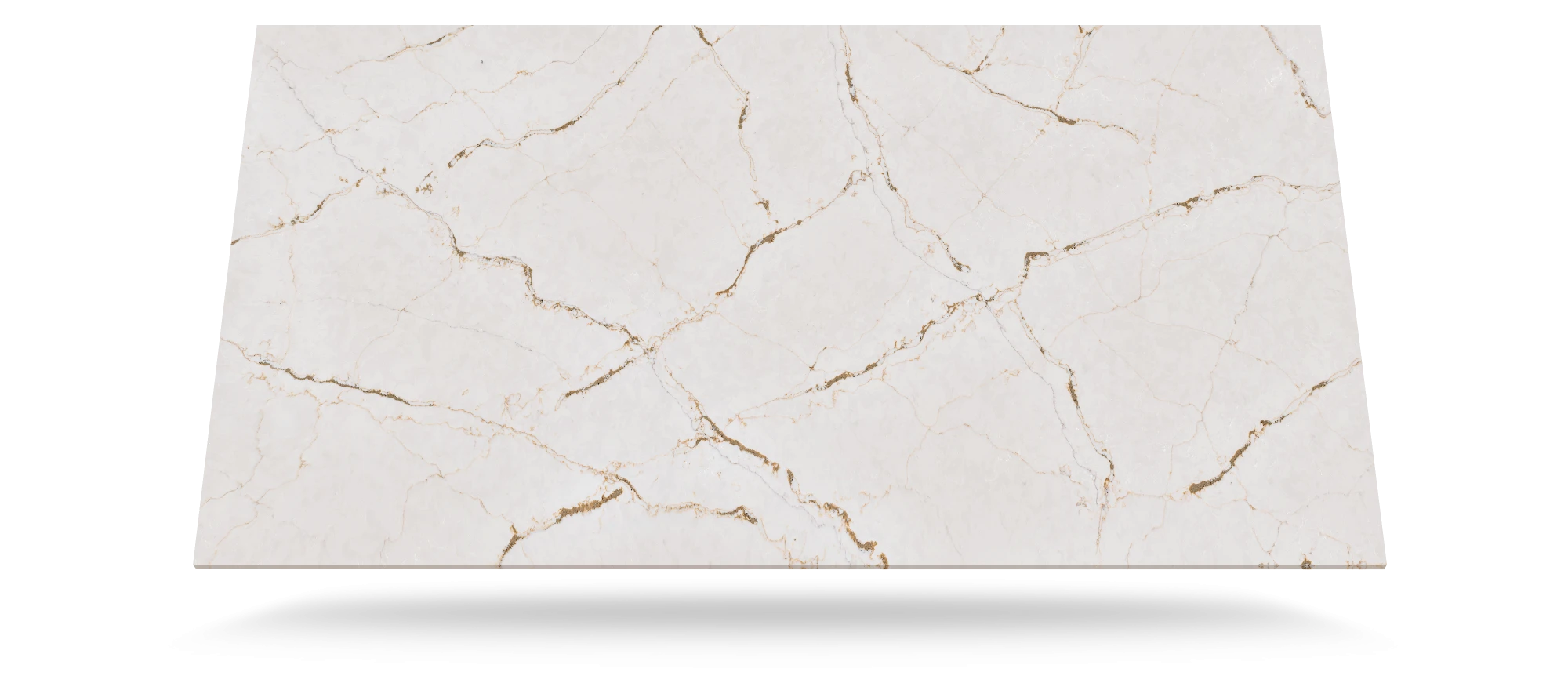 Silestone Versailles Ivory quartz slab with white background and gold veining in polished finish — quartz countertops near me by Signature Stone Las Vegas