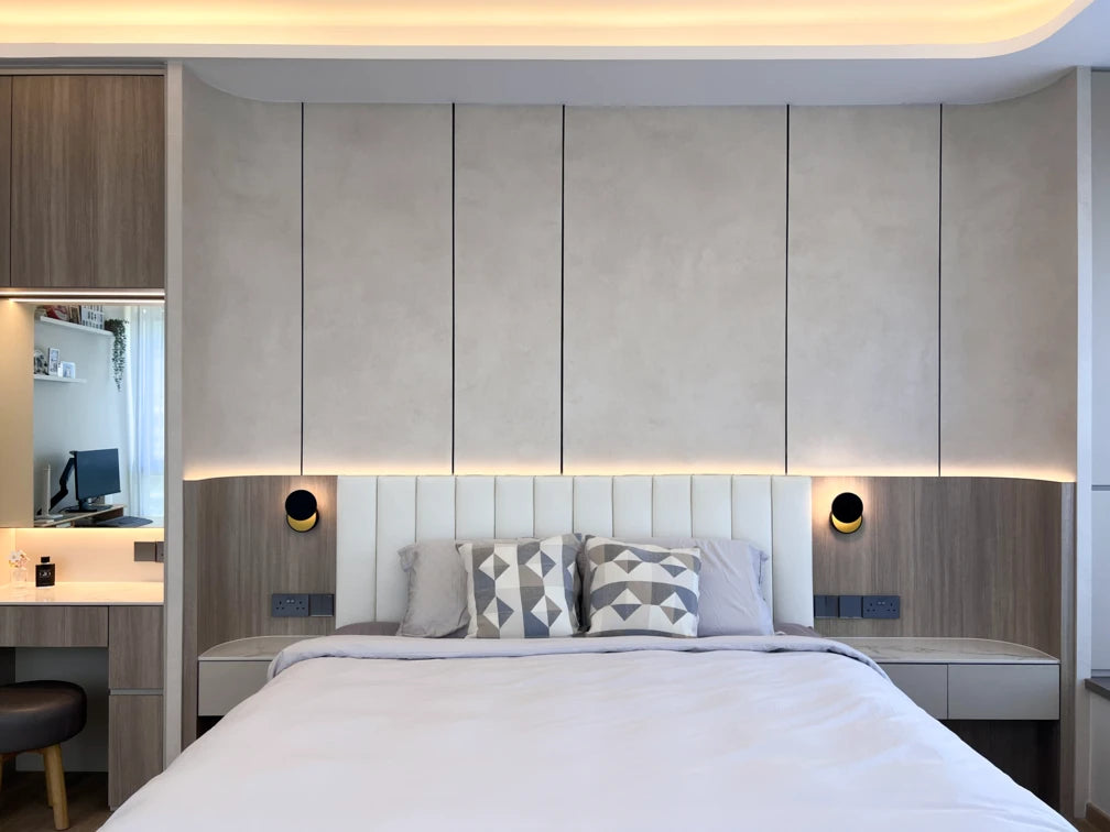 Dekton Vigil bedroom wall panels in light gray with vertical channeling — premium dekton surfaces fabricated and installed by Signature Stone LV