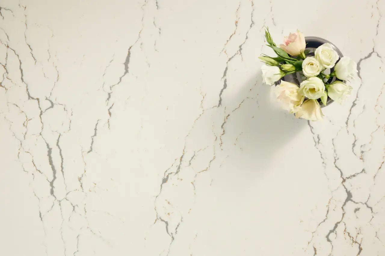 Quartz surface with elegant white and gray marble veining pattern — custom countertops fabricated and installed by Signature Stone LV