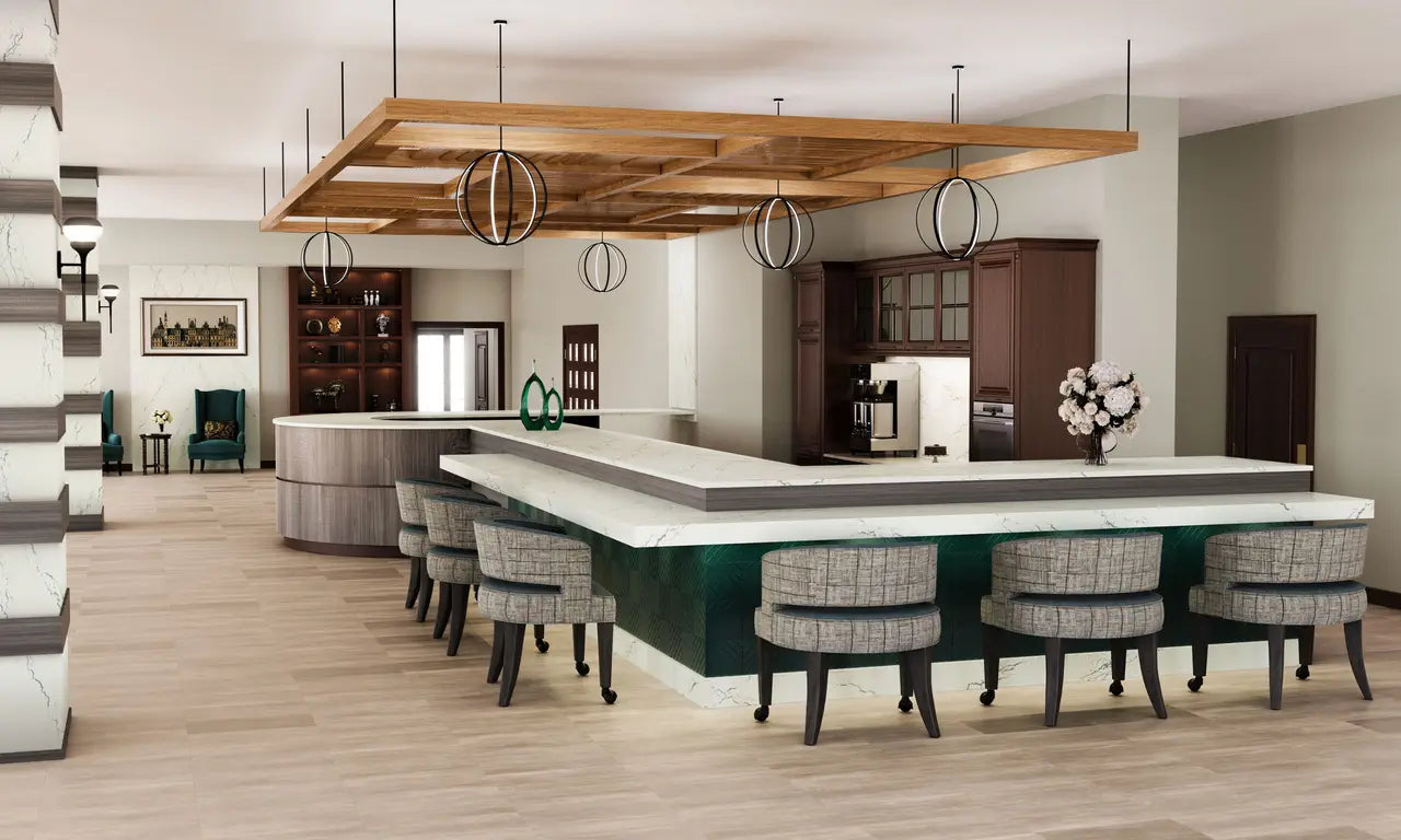 White marble kitchen island countertops with waterfall edge in modern kitchen — expert countertop fabrication by Signature Stone Las Vegas