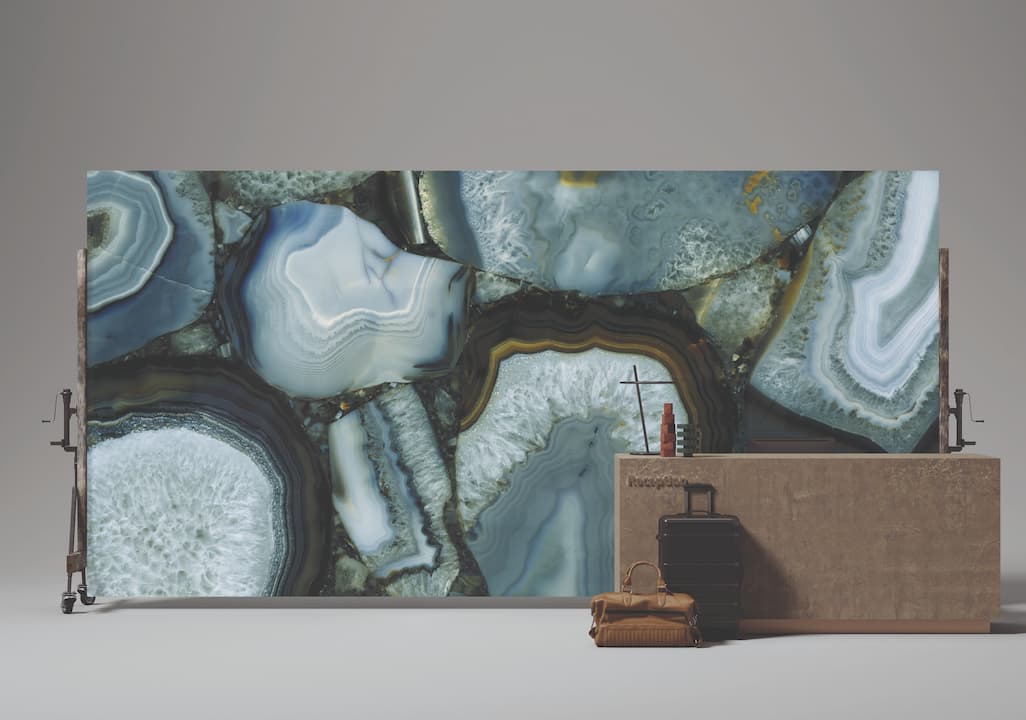 Agata Acqua stone slab with blue and white geode patterns and natural banding — custom countertops fabricated and installed by Signature Stone LV
