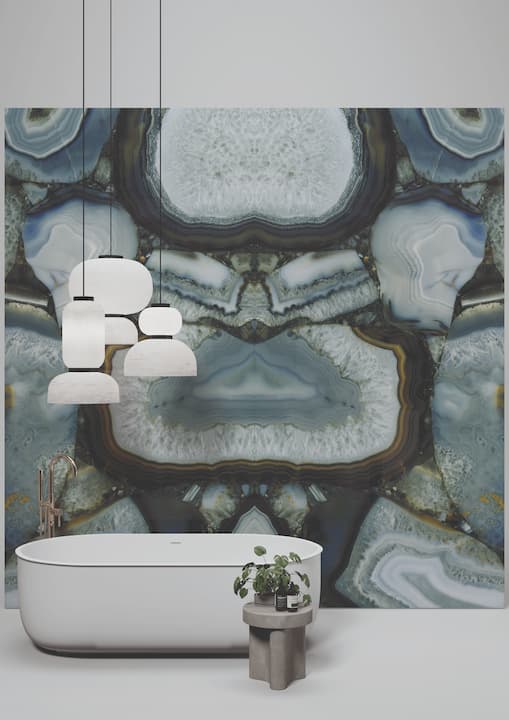 Agata Acqua stone bathroom feature wall with blue and white agate patterns — premium countertop fabrication by Signature Stone Las Vegas