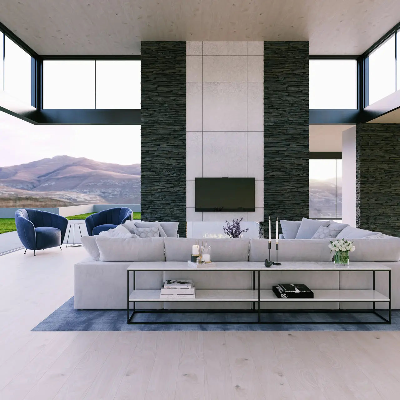 Modern living room with polished white stone surfaces and dark accent walls — premium stone countertops installed by Signature Stone Las Vegas
