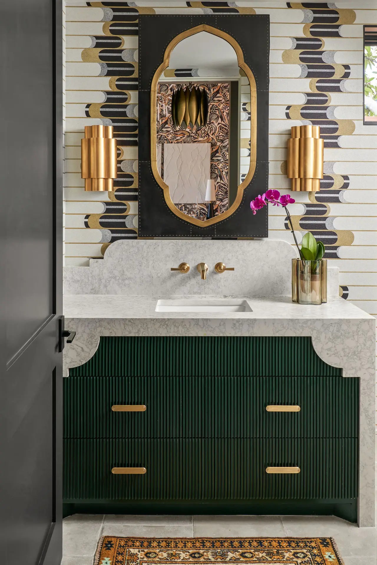 Marble bathroom vanity countertop with white veining and undermount sink — expert countertop fabrication by Signature Stone Las Vegas