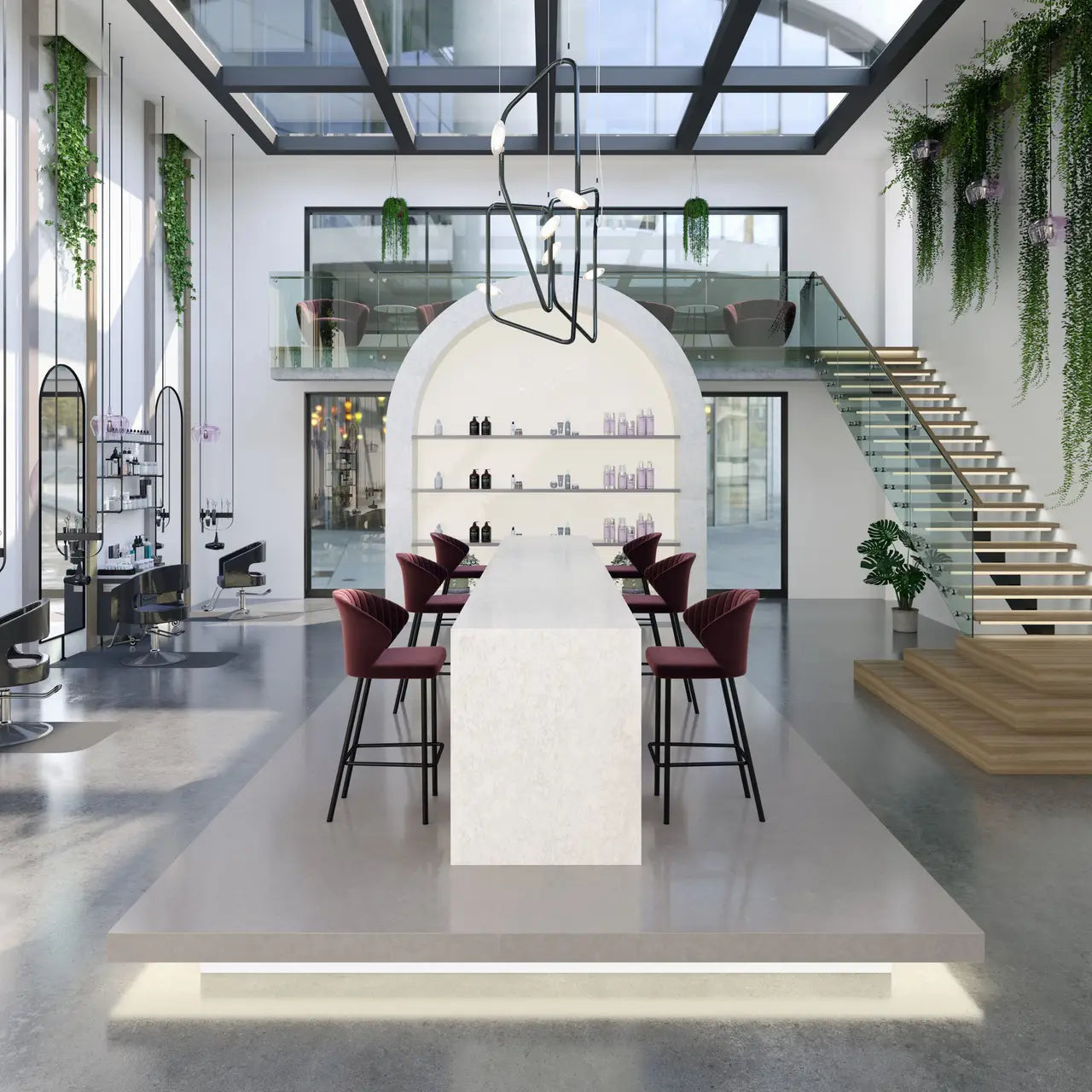 White quartz island countertop with waterfall edge in modern salon interior — expert countertop fabrication by Signature Stone Las Vegas