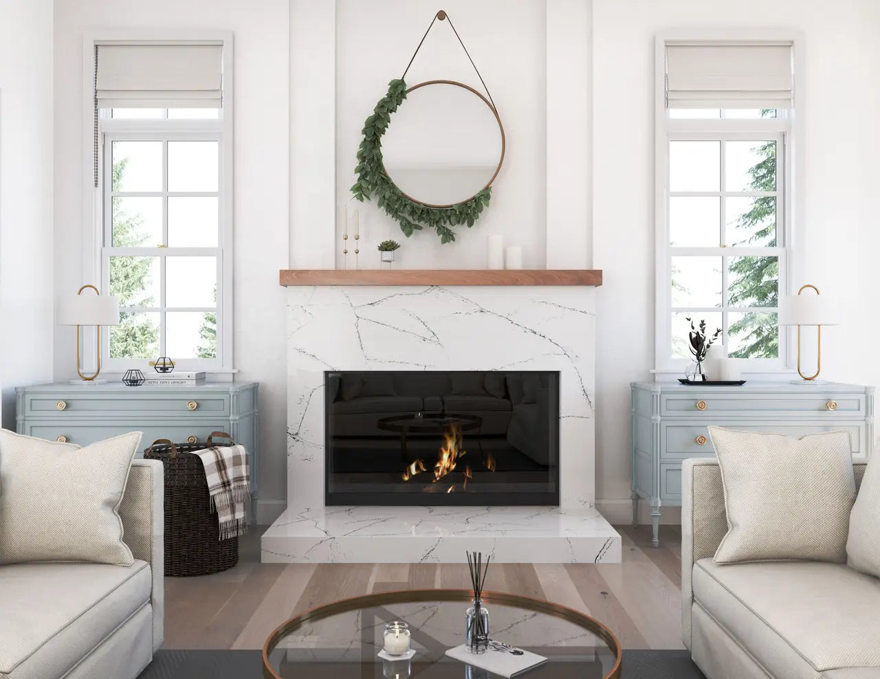 Calacatta marble fireplace surround with white veining and polished finish — elegant stone countertops installed by Signature Stone Las Vegas