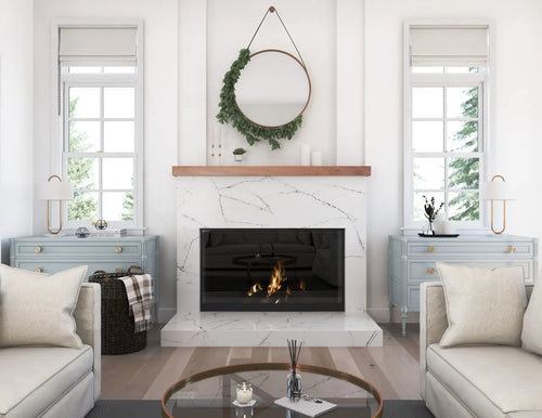 Calacatta marble fireplace surround with white veining and polished finish — elegant stone countertops installed by Signature Stone Las Vegas