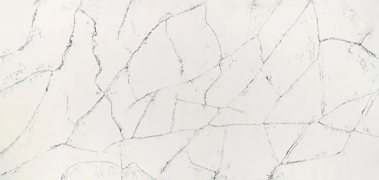 Quartz surface with elegant white base and gray veining pattern — custom countertops fabricated and installed by Signature Stone LV