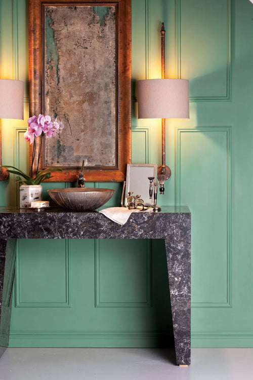 Dark marble floating vanity with dramatic veining and vessel sink — luxury stone countertops installed by Signature Stone Las Vegas