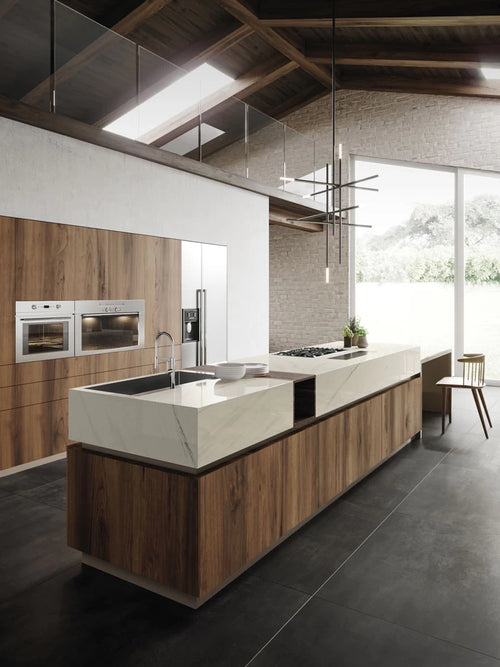 Bianco Dolomite kitchen island with white veined surface and waterfall edge — premium stone countertops installed by Signature Stone Las Vegas