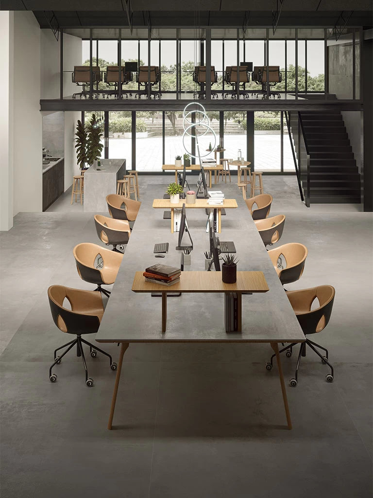 Boost Grey quartz surfaces in modern industrial office with polished gray finish and clean lines — premium countertop fabrication by Signature Stone Las Vegas
