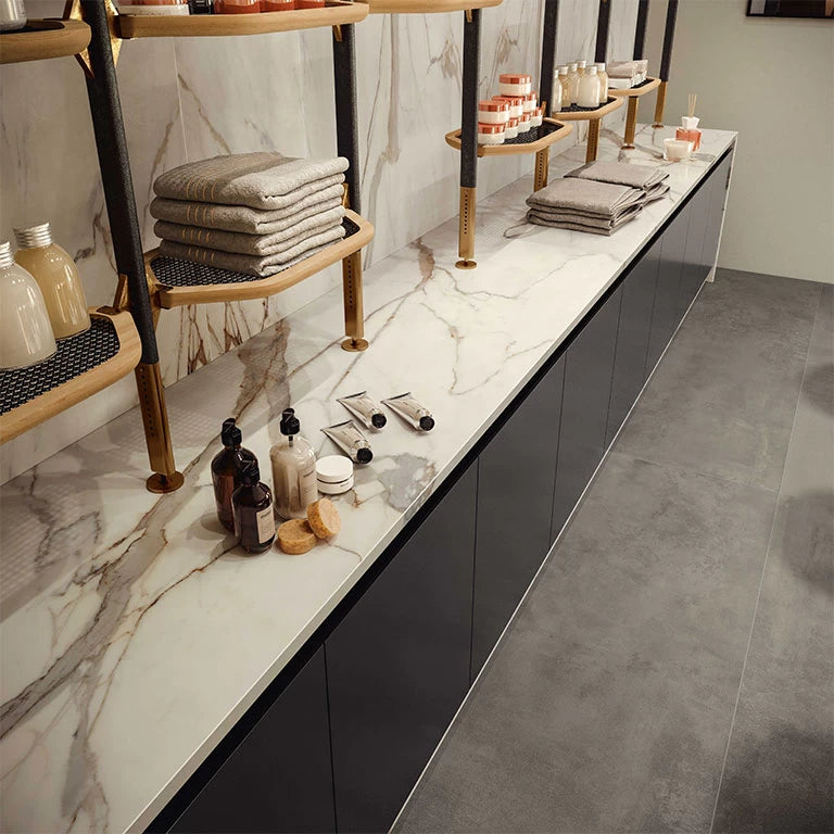Calacatta Imperiale marble bathroom vanity with white veining and polished finish — luxury stone countertops installed by Signature Stone Las Vegas