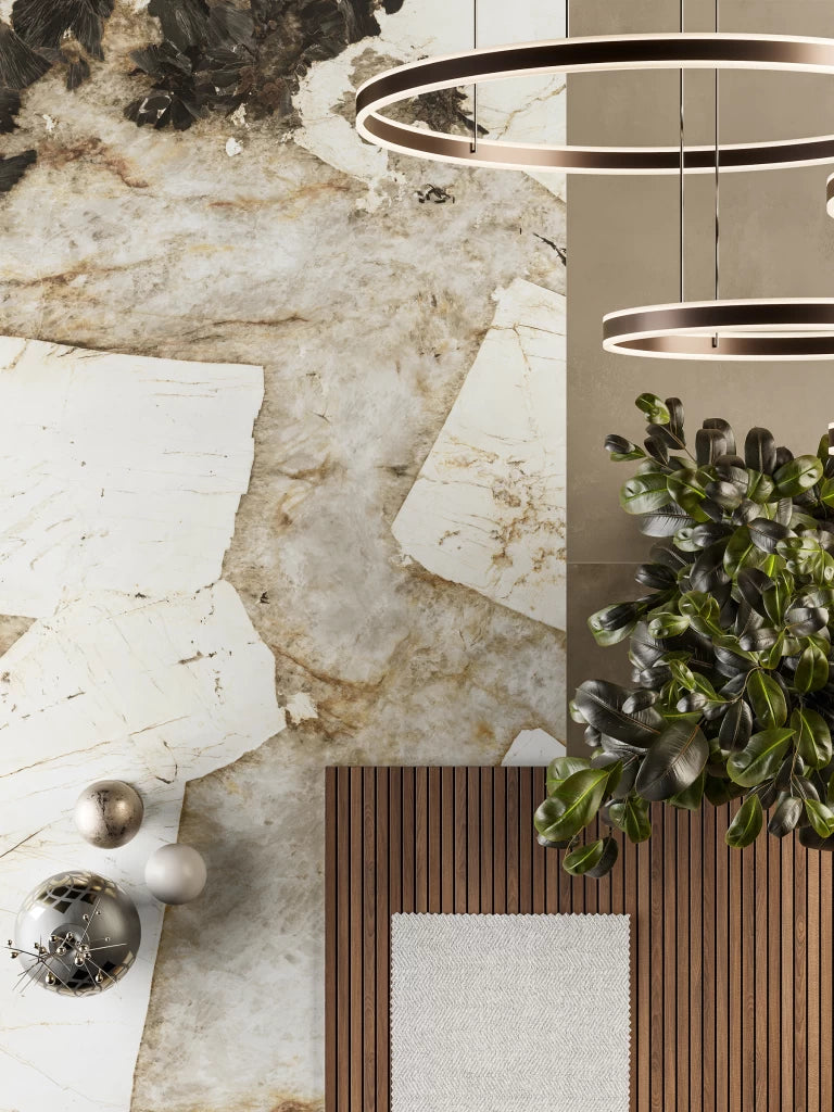 Marble stone surface with dramatic white and brown veining in modern interior design — premium stone countertops installed by Signature Stone Las Vegas