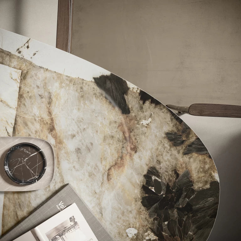 Natural stone surface with cream and beige marbling and dark veining — custom countertops fabricated and installed by Signature Stone LV