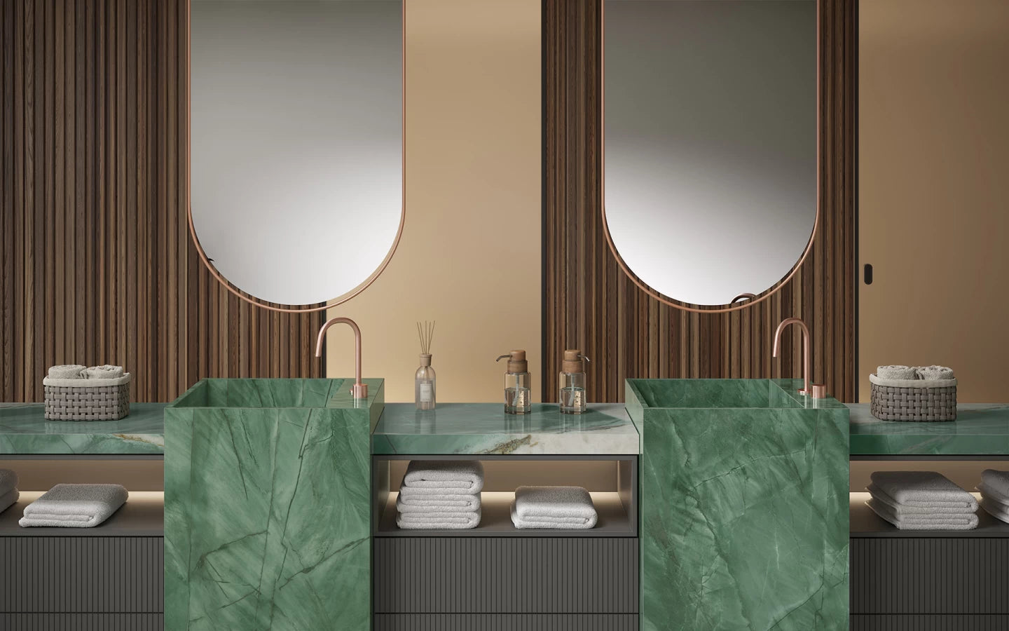 Exotic green marble bathroom vanity with polished finish and waterfall edge design — custom countertops fabricated and installed by Signature Stone LV