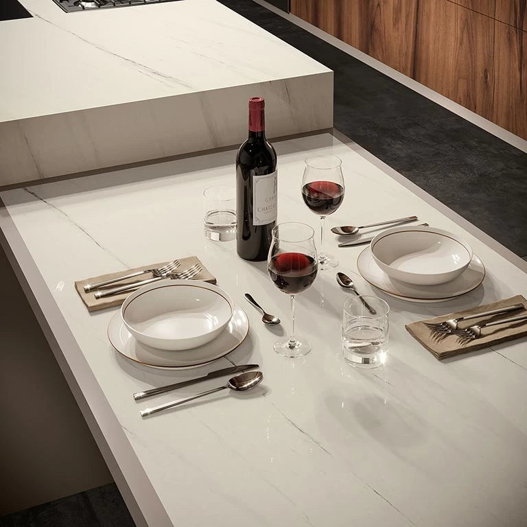 Bianco Dolomite kitchen island with white veining and polished finish — premium countertop fabrication by Signature Stone Las Vegas