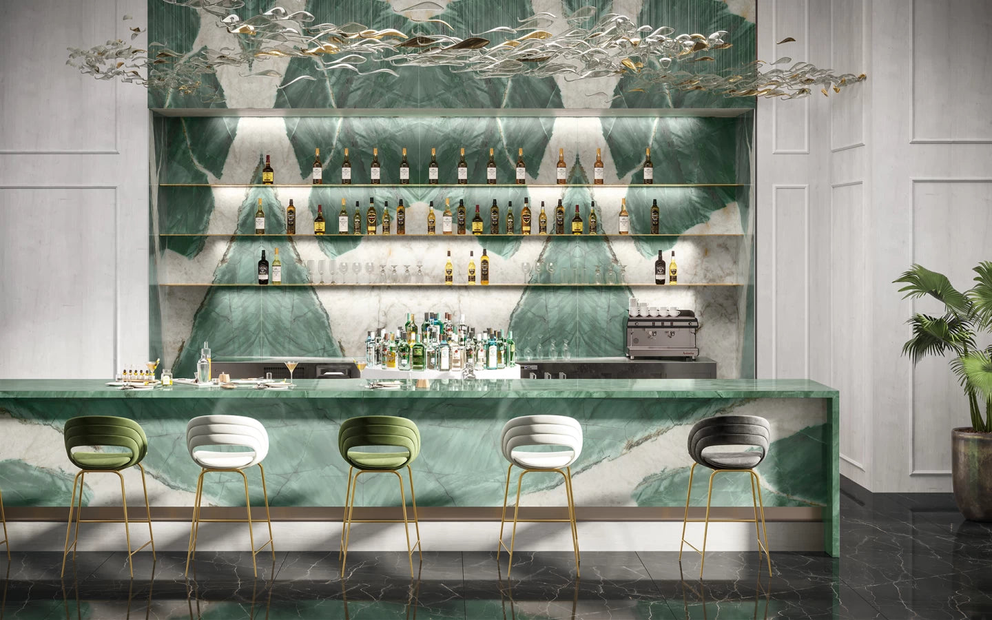 Green marble bar countertop with white veining and polished finish — custom countertops fabricated and installed by Signature Stone LV