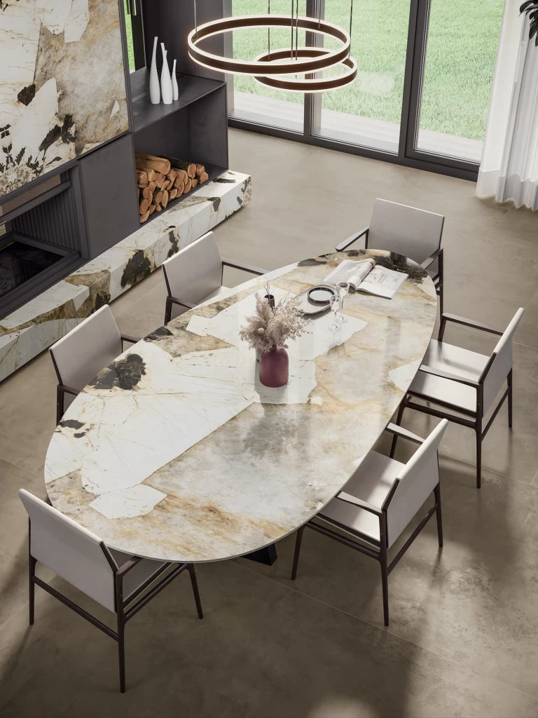 Desert Soul quartz dining table with flowing white and gold veining and polished finish — custom countertops fabricated and installed by Signature Stone LV