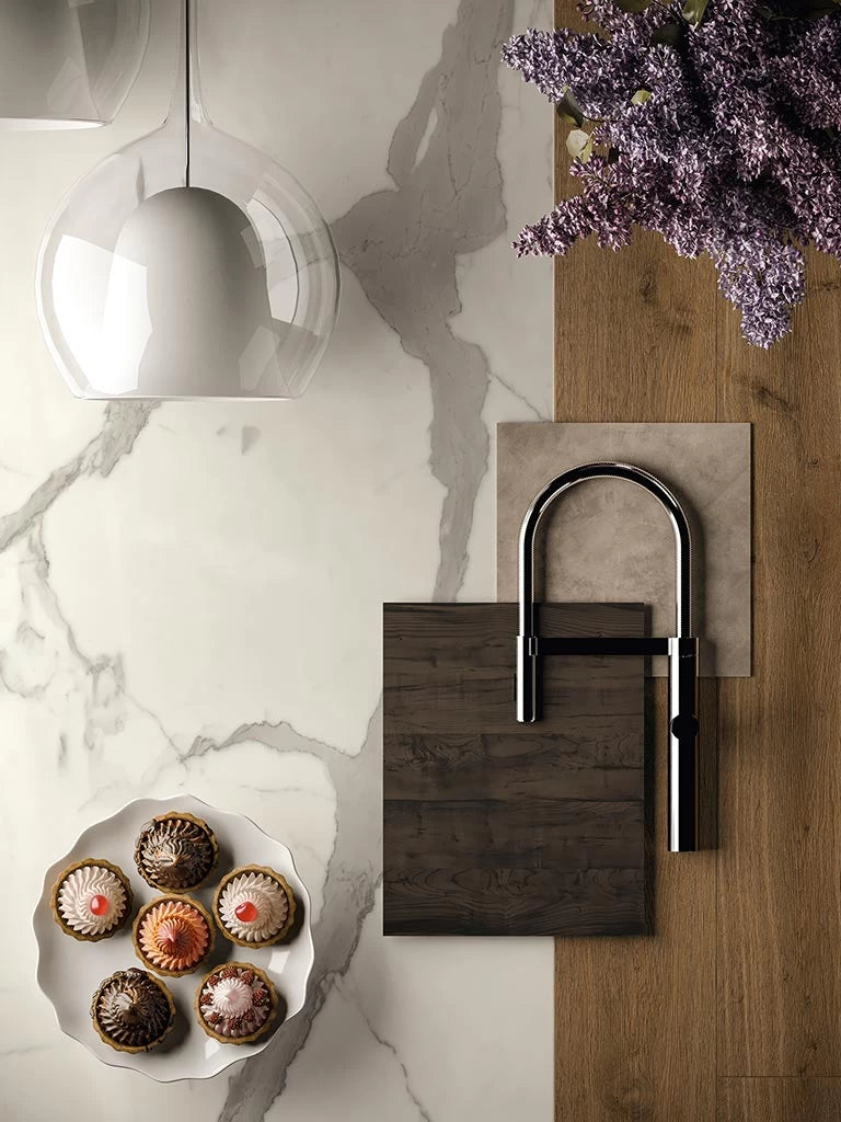 Statuario Supremo marble kitchen countertop with white and gray veining — elegant stone countertops installed by Signature Stone Las Vegas