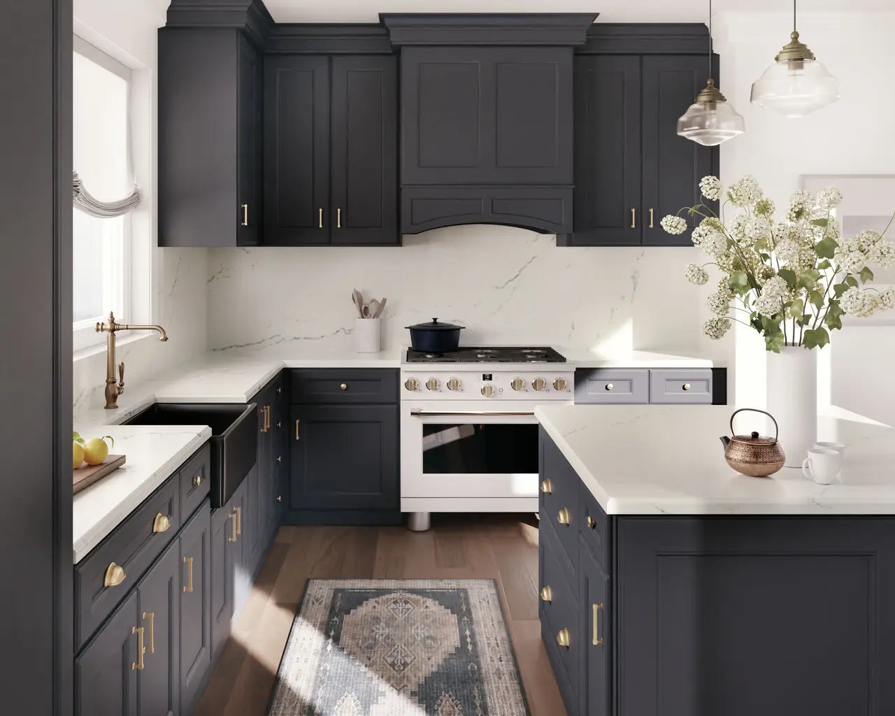 Quartz kitchen countertops with white marble veining and polished finish in dark cabinetry — elegant stone countertops installed by Signature Stone Las Vegas
