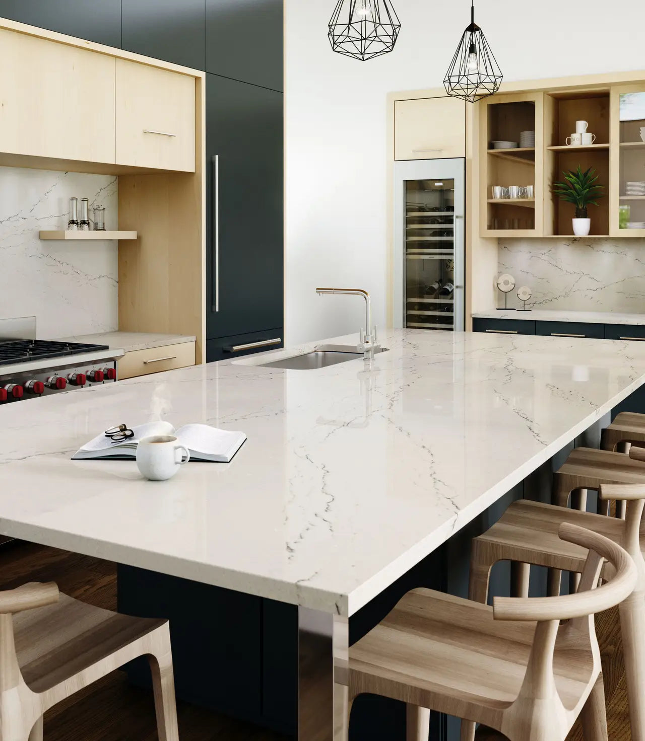 Beckington quartz kitchen island with white marble-look veining and polished finish — custom countertops fabricated and installed by Signature Stone LV
