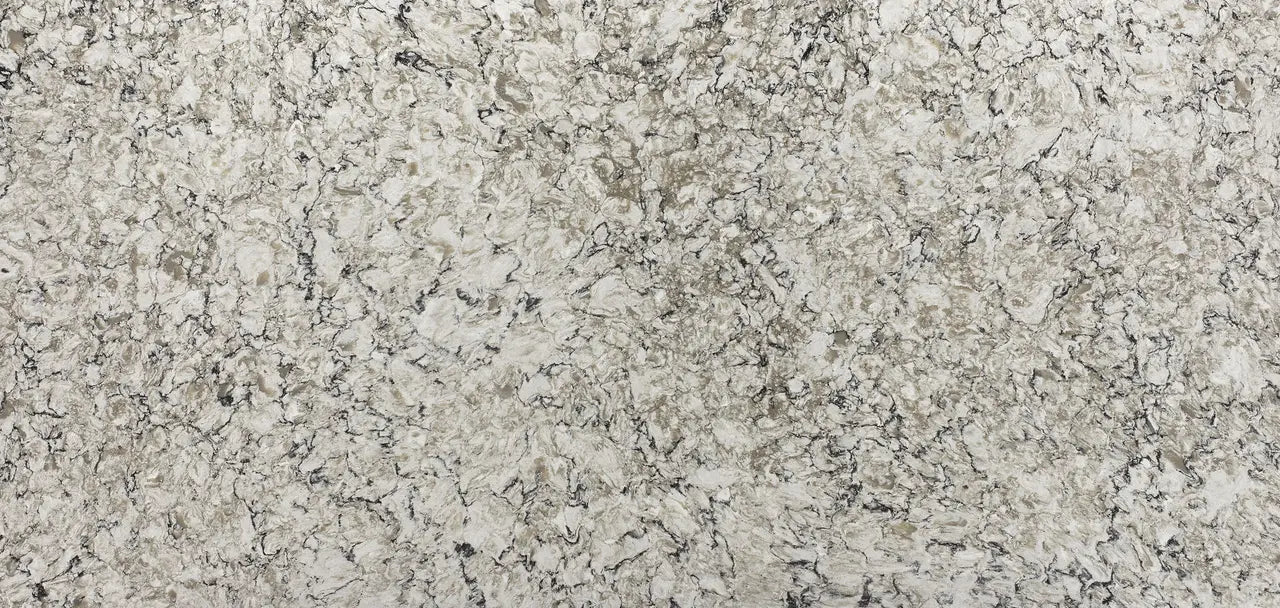 Bellingham quartz slab with light gray base and intricate dark veining throughout — custom countertops fabricated and installed by Signature Stone LV