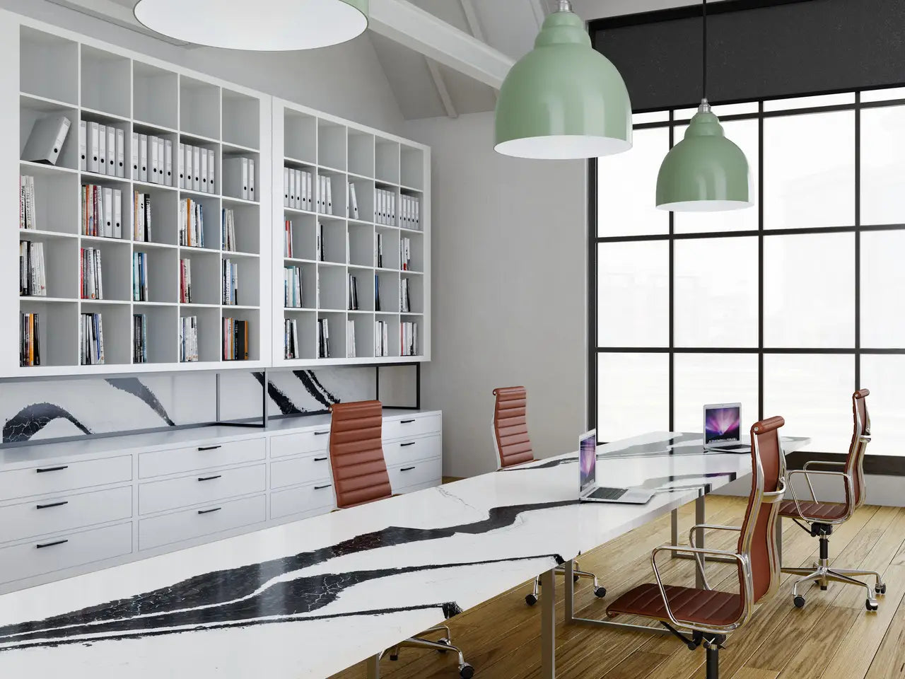 Bentley quartz office conference table with dramatic black and white veining — expert countertop fabrication by Signature Stone Las Vegas