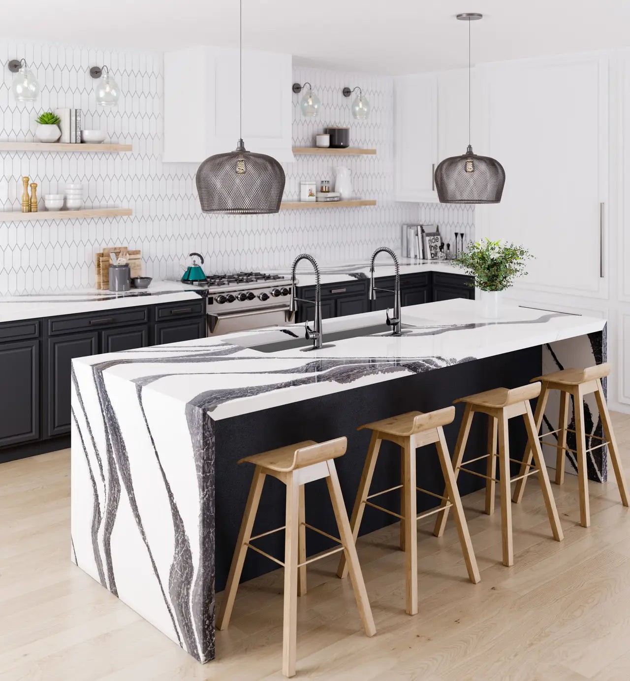 Quartz kitchen island with dramatic white and gray veining and waterfall edge — elegant stone countertops installed by Signature Stone Las Vegas
