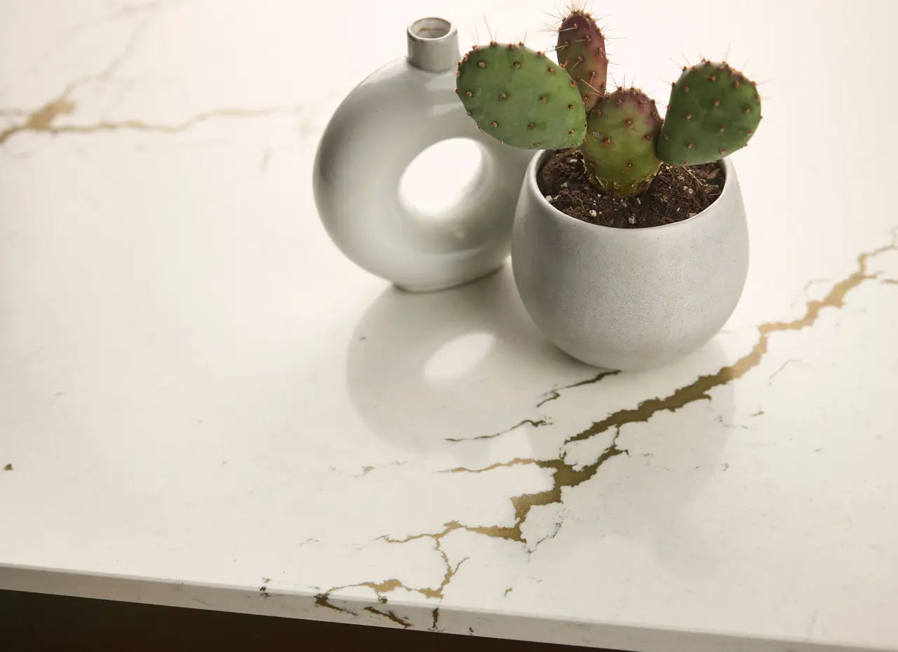 Berkshire Brass countertop surface with gold veining and elegant finish — custom countertops fabricated and installed by Signature Stone LV