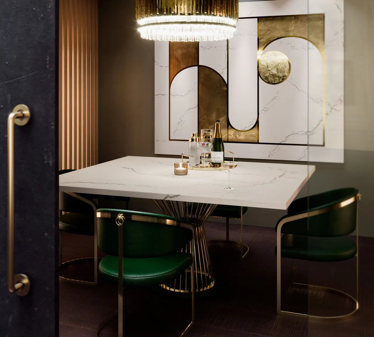 Berkshire Brass quartz dining table with white marble veining and polished finish — expert countertop fabrication by Signature Stone Las Vegas