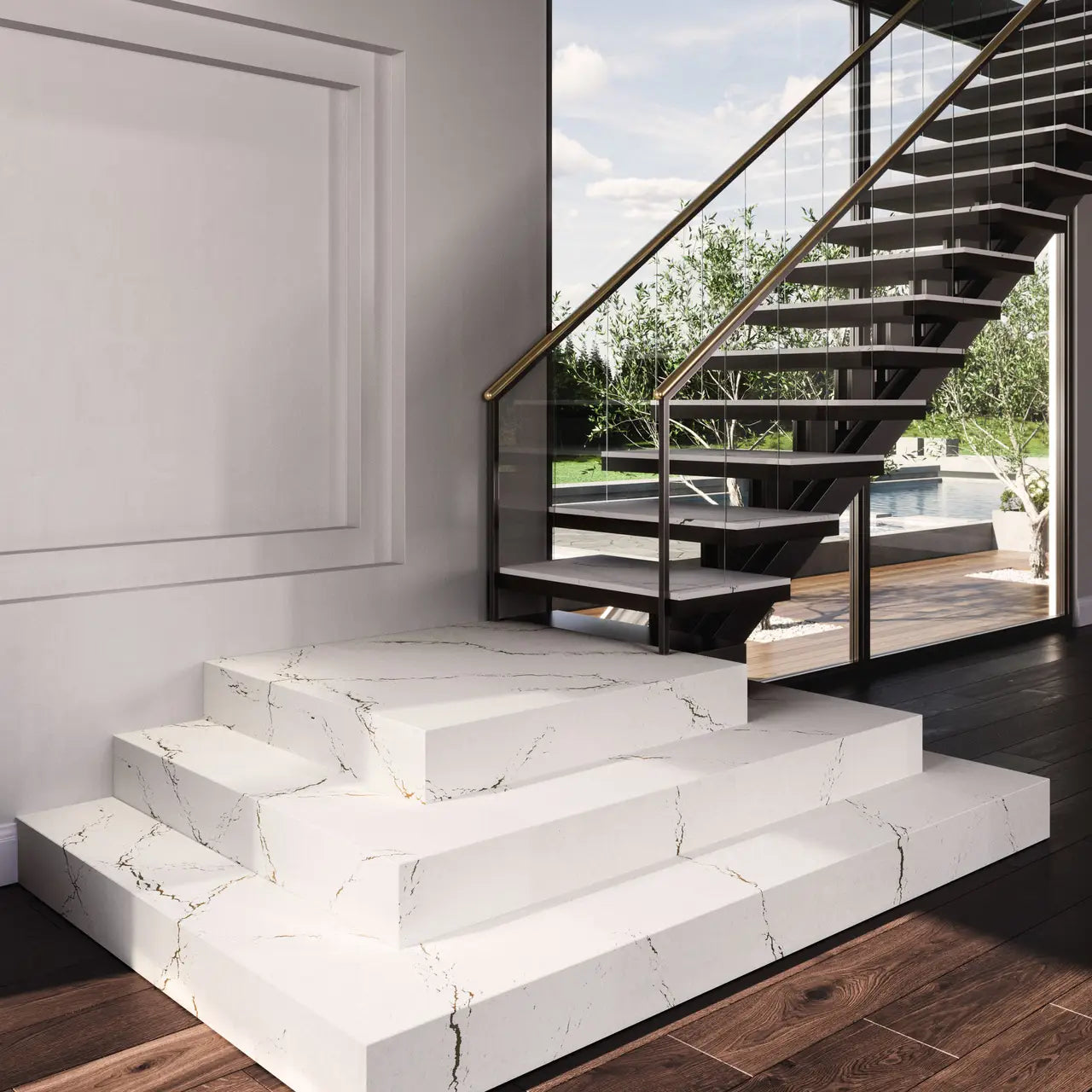 White marble staircase with gray veining in modern interior — custom countertops fabricated and installed by Signature Stone LV