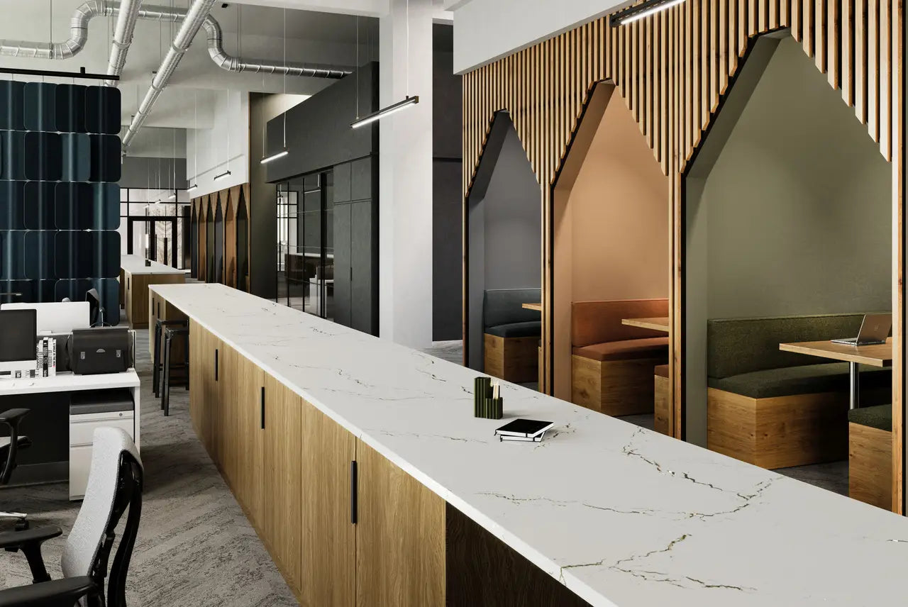 Quartz waterfall countertop with white marble veining and wood cabinetry in modern commercial space — expert countertop fabrication by Signature Stone Las Vegas