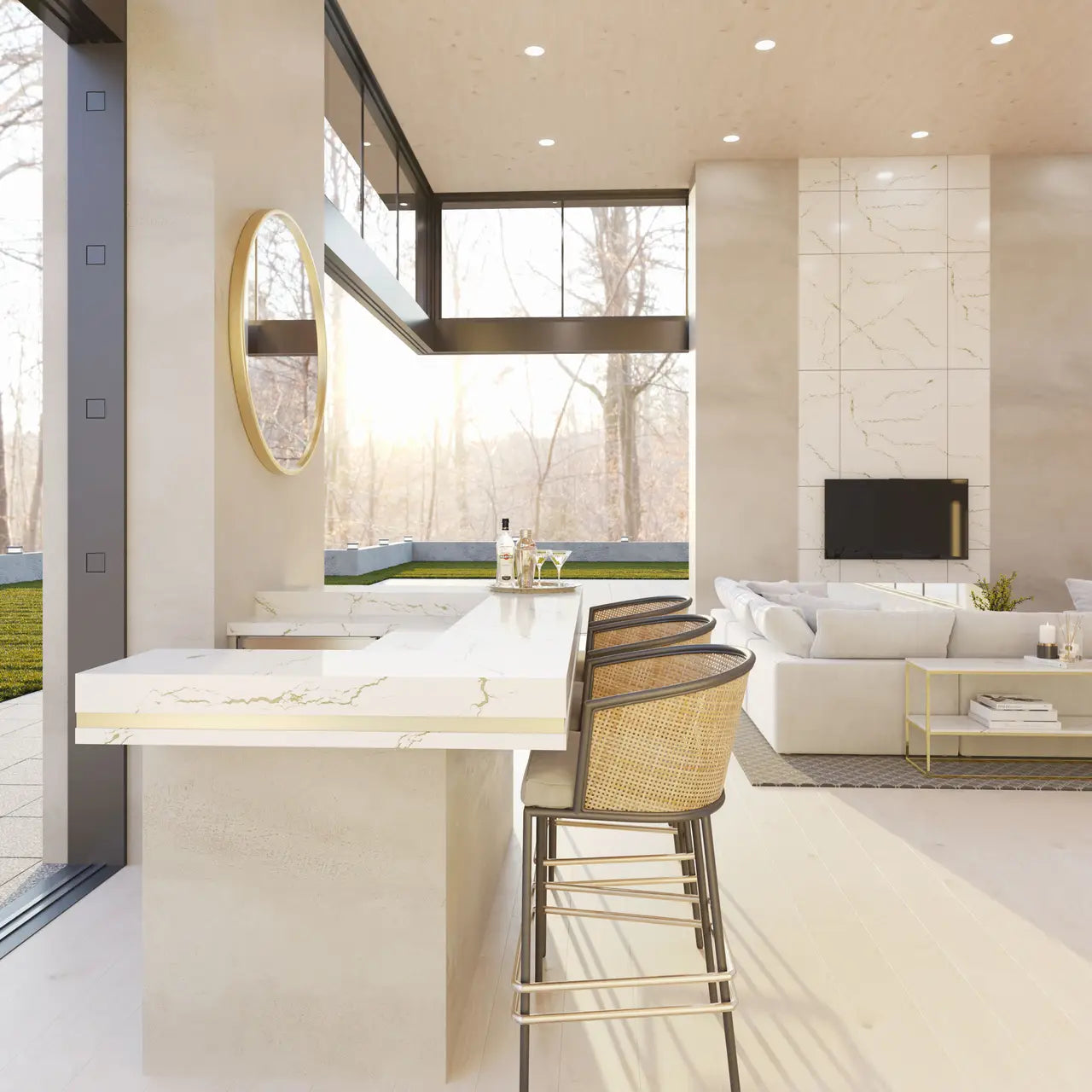 Berkshire Brass Sculpted quartz kitchen island with white marble veining and waterfall edge — elegant stone countertops installed by Signature Stone Las Vegas