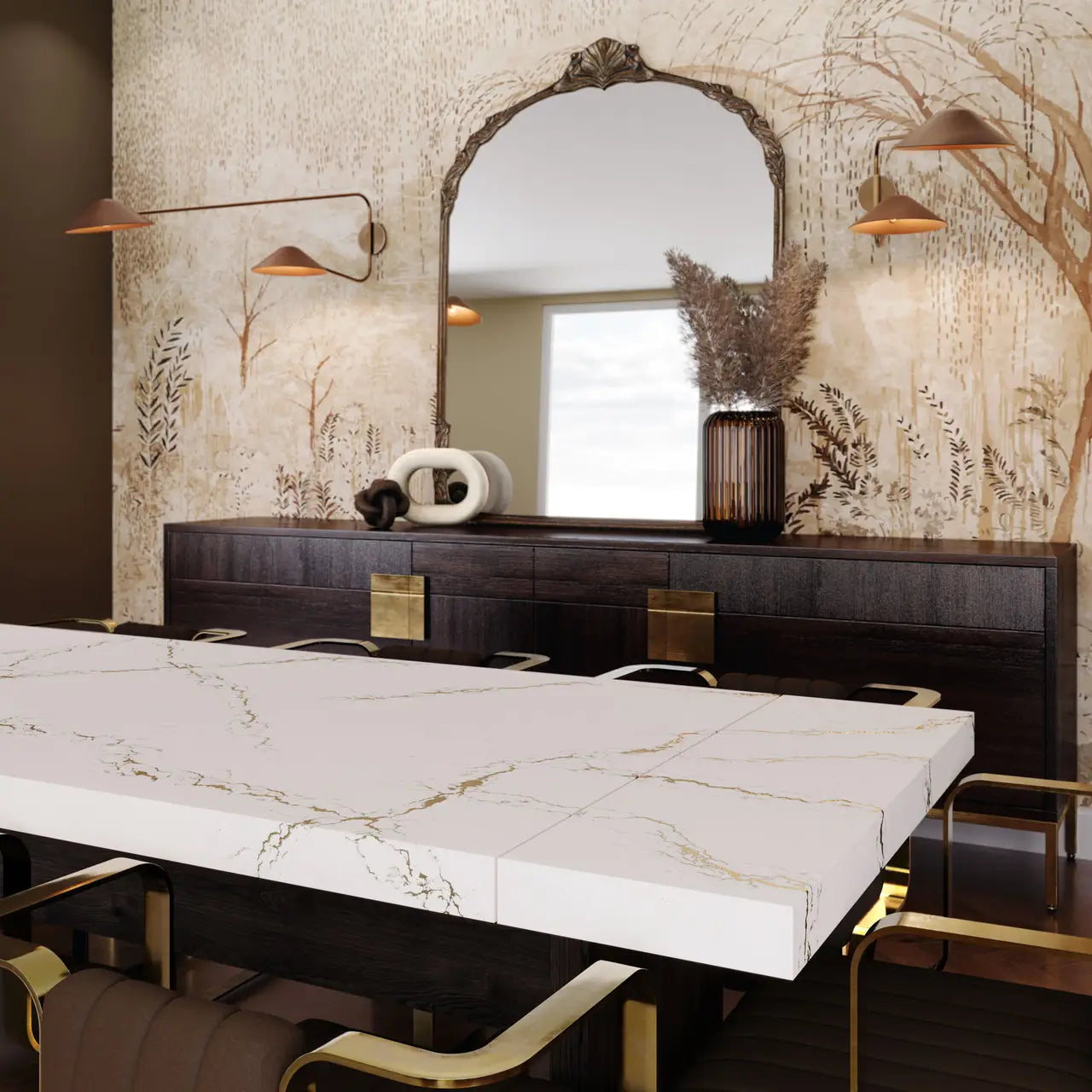 Berkshire Brass Sculpted quartz island countertop with white veining and gold accents — custom countertops fabricated and installed by Signature Stone LV