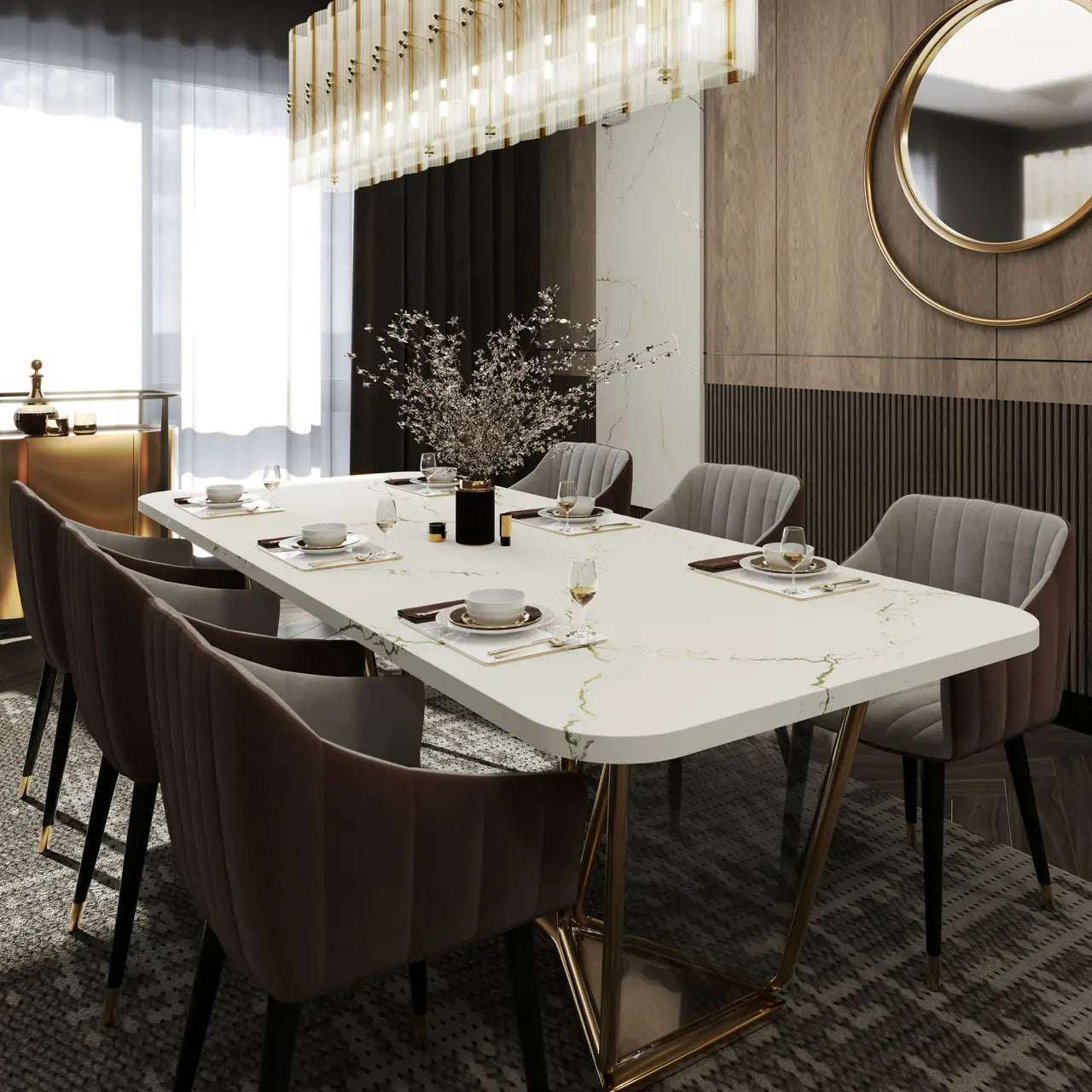White marble dining table with gold veining and brass pedestal base in luxury dining room — expert countertop fabrication by Signature Stone Las Vegas