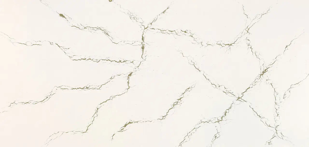 Berkshire Brass Sculpted quartz surface with cream base and gold veining — custom countertops fabricated and installed by Signature Stone LV